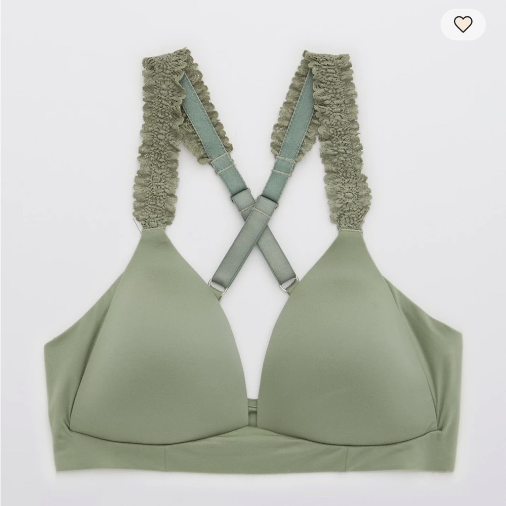 Aerie Real‎ Sunnie Wireless Comfortable Lace Strap Bra in Soft Sage Green